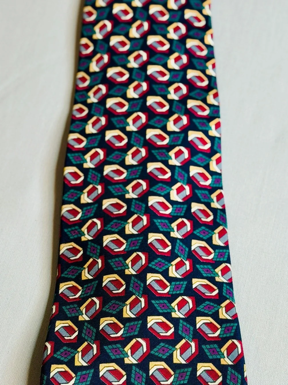 Dior Multi-Color Geometric Silk Tie on Navy